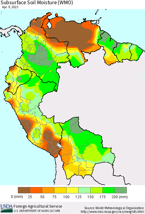 Northern South America Subsurface Soil Moisture (WMO) Thematic Map For 4/3/2023 - 4/9/2023