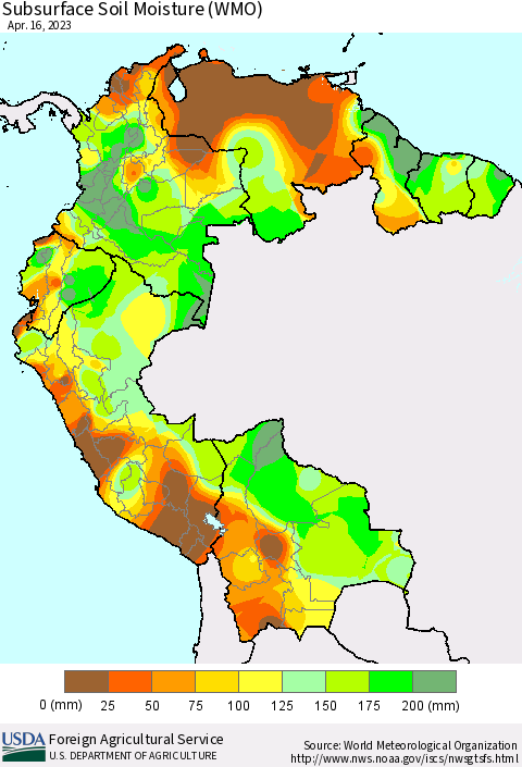 Northern South America Subsurface Soil Moisture (WMO) Thematic Map For 4/10/2023 - 4/16/2023