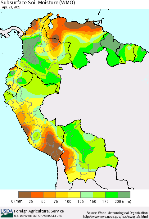 Northern South America Subsurface Soil Moisture (WMO) Thematic Map For 4/17/2023 - 4/23/2023