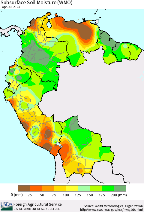 Northern South America Subsurface Soil Moisture (WMO) Thematic Map For 4/24/2023 - 4/30/2023