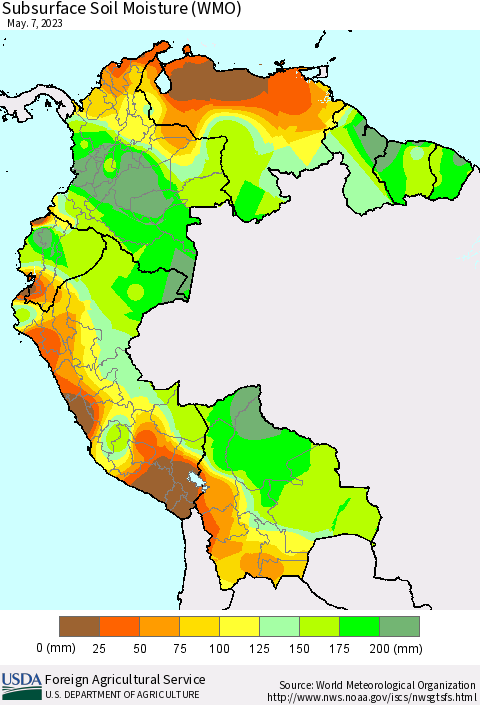 Northern South America Subsurface Soil Moisture (WMO) Thematic Map For 5/1/2023 - 5/7/2023