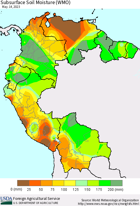 Northern South America Subsurface Soil Moisture (WMO) Thematic Map For 5/8/2023 - 5/14/2023