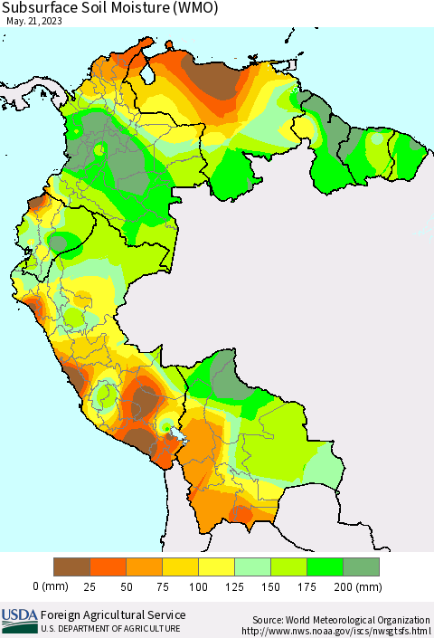 Northern South America Subsurface Soil Moisture (WMO) Thematic Map For 5/15/2023 - 5/21/2023