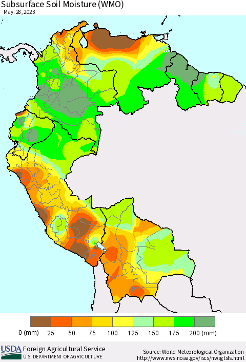 Northern South America Subsurface Soil Moisture (WMO) Thematic Map For 5/22/2023 - 5/28/2023