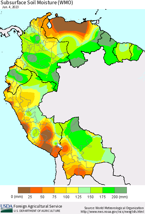 Northern South America Subsurface Soil Moisture (WMO) Thematic Map For 5/29/2023 - 6/4/2023