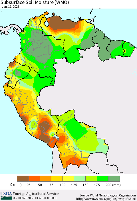 Northern South America Subsurface Soil Moisture (WMO) Thematic Map For 6/5/2023 - 6/11/2023