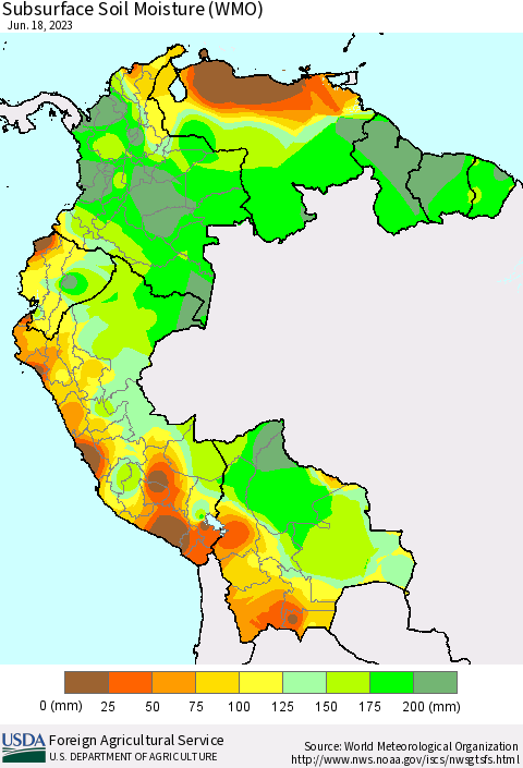Northern South America Subsurface Soil Moisture (WMO) Thematic Map For 6/12/2023 - 6/18/2023