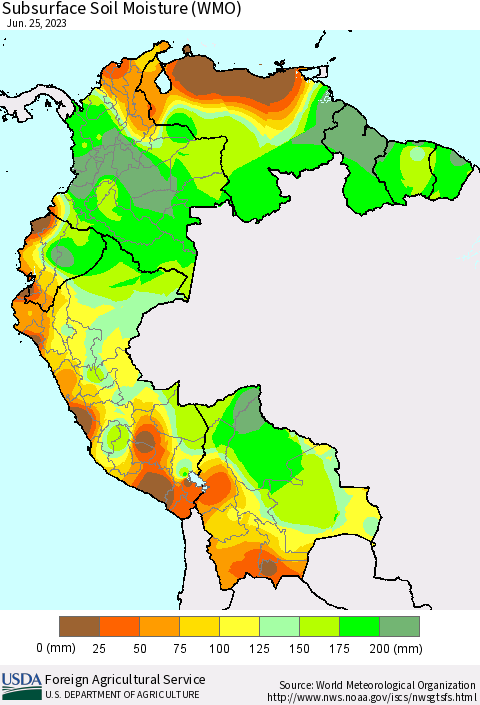Northern South America Subsurface Soil Moisture (WMO) Thematic Map For 6/19/2023 - 6/25/2023