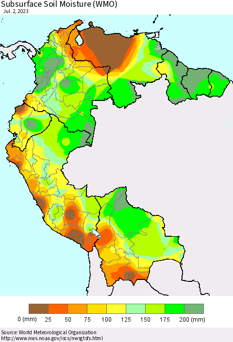 Northern South America Subsurface Soil Moisture (WMO) Thematic Map For 6/26/2023 - 7/2/2023