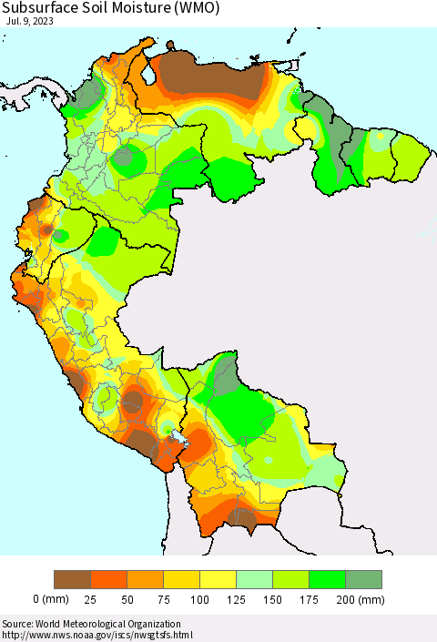 Northern South America Subsurface Soil Moisture (WMO) Thematic Map For 7/3/2023 - 7/9/2023