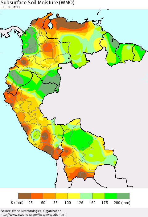 Northern South America Subsurface Soil Moisture (WMO) Thematic Map For 7/10/2023 - 7/16/2023
