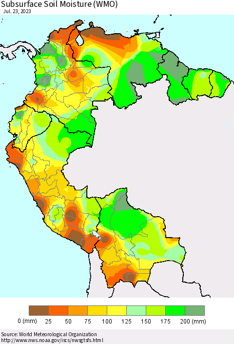 Northern South America Subsurface Soil Moisture (WMO) Thematic Map For 7/17/2023 - 7/23/2023