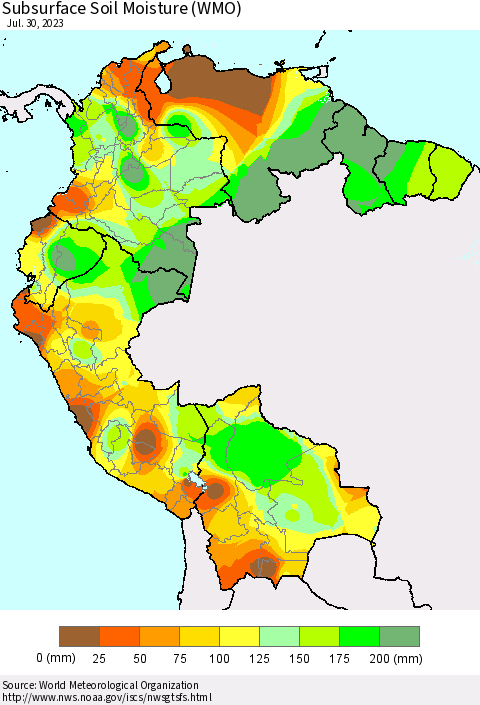 Northern South America Subsurface Soil Moisture (WMO) Thematic Map For 7/24/2023 - 7/30/2023