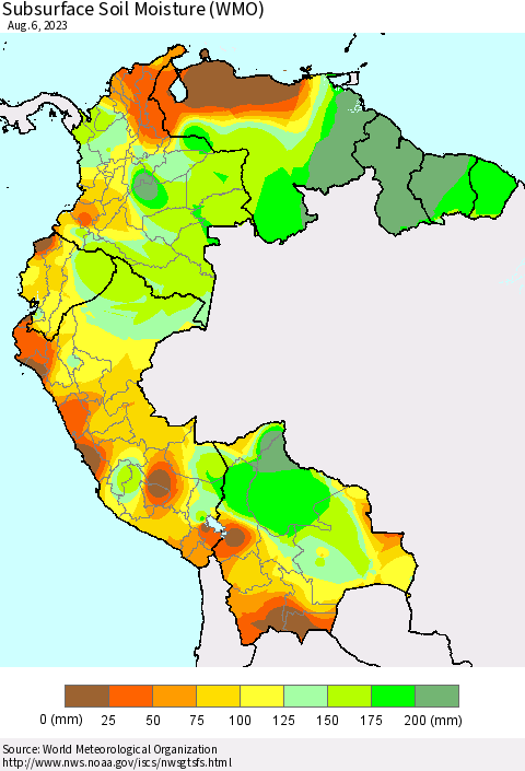 Northern South America Subsurface Soil Moisture (WMO) Thematic Map For 7/31/2023 - 8/6/2023