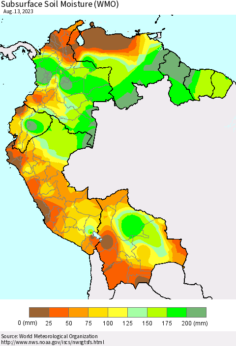 Northern South America Subsurface Soil Moisture (WMO) Thematic Map For 8/7/2023 - 8/13/2023