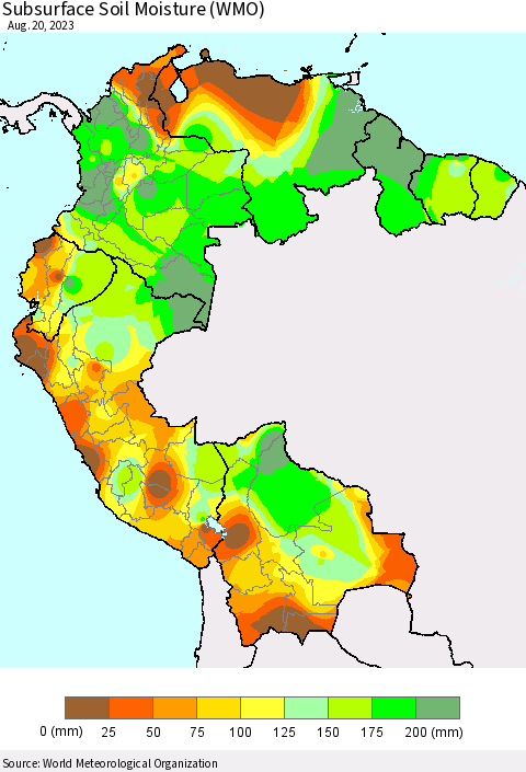 Northern South America Subsurface Soil Moisture (WMO) Thematic Map For 8/14/2023 - 8/20/2023