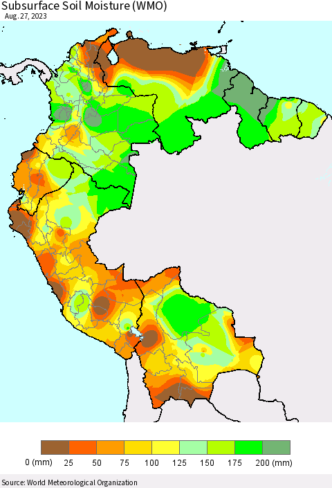 Northern South America Subsurface Soil Moisture (WMO) Thematic Map For 8/21/2023 - 8/27/2023