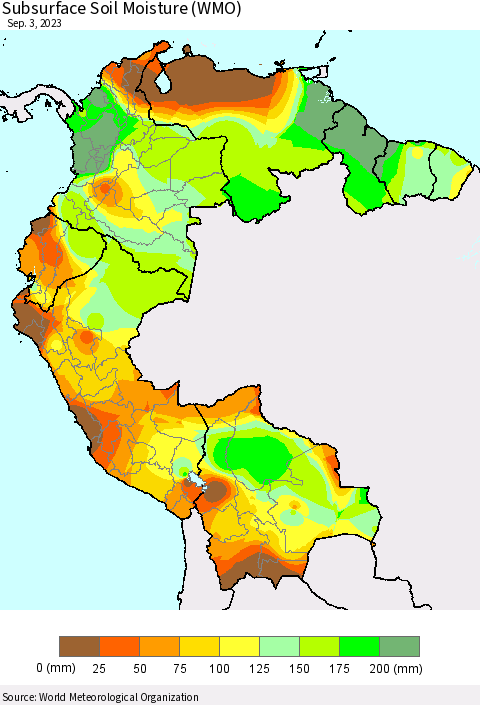 Northern South America Subsurface Soil Moisture (WMO) Thematic Map For 8/28/2023 - 9/3/2023