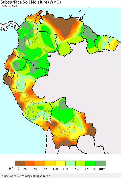 Northern South America Subsurface Soil Moisture (WMO) Thematic Map For 9/4/2023 - 9/10/2023