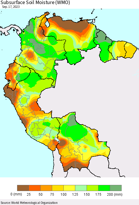 Northern South America Subsurface Soil Moisture (WMO) Thematic Map For 9/11/2023 - 9/17/2023
