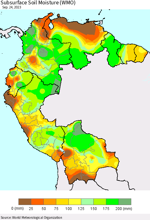 Northern South America Subsurface Soil Moisture (WMO) Thematic Map For 9/18/2023 - 9/24/2023