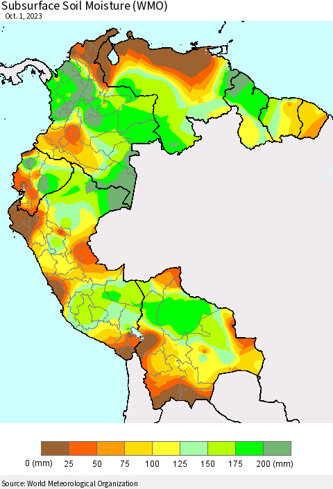 Northern South America Subsurface Soil Moisture (WMO) Thematic Map For 9/25/2023 - 10/1/2023