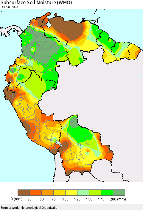 Northern South America Subsurface Soil Moisture (WMO) Thematic Map For 10/2/2023 - 10/8/2023