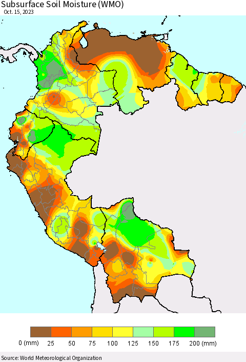 Northern South America Subsurface Soil Moisture (WMO) Thematic Map For 10/9/2023 - 10/15/2023