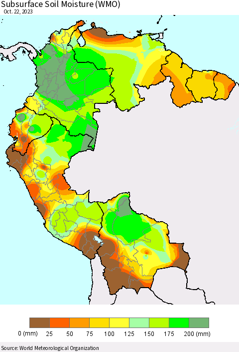 Northern South America Subsurface Soil Moisture (WMO) Thematic Map For 10/16/2023 - 10/22/2023