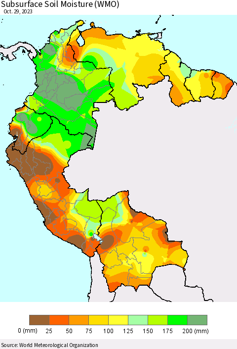 Northern South America Subsurface Soil Moisture (WMO) Thematic Map For 10/23/2023 - 10/29/2023