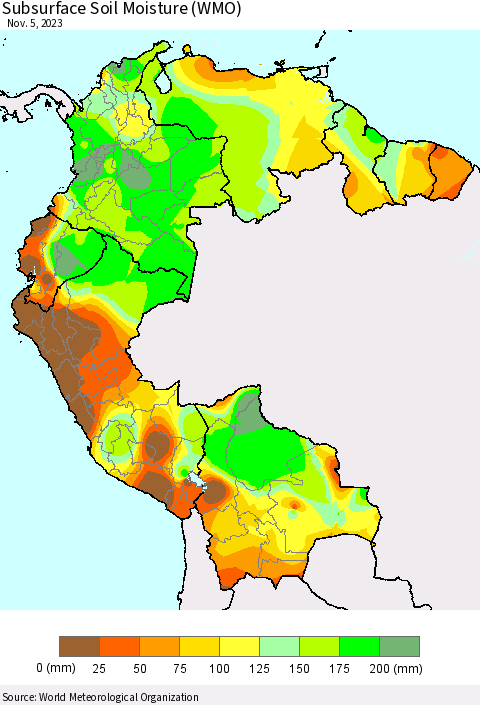 Northern South America Subsurface Soil Moisture (WMO) Thematic Map For 10/30/2023 - 11/5/2023