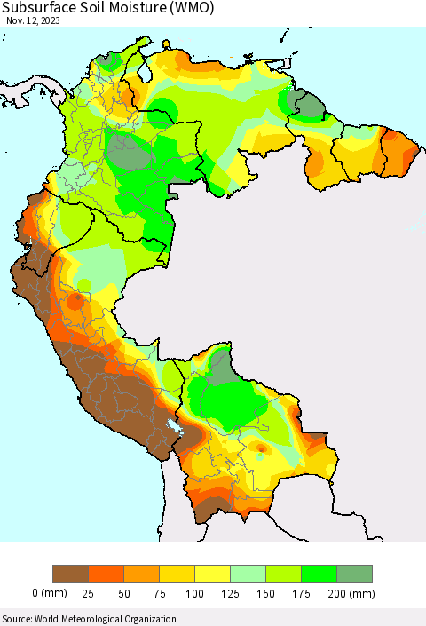 Northern South America Subsurface Soil Moisture (WMO) Thematic Map For 11/6/2023 - 11/12/2023