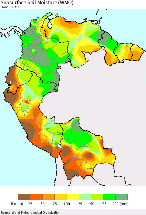 Northern South America Subsurface Soil Moisture (WMO) Thematic Map For 11/13/2023 - 11/19/2023
