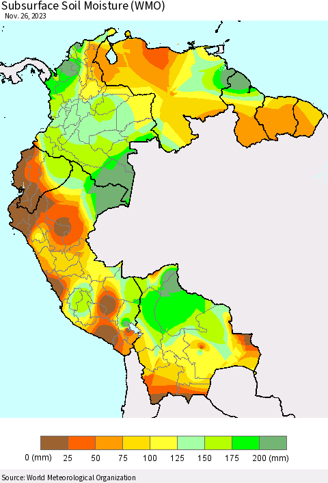 Northern South America Subsurface Soil Moisture (WMO) Thematic Map For 11/20/2023 - 11/26/2023