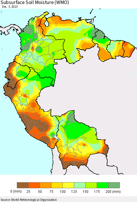 Northern South America Subsurface Soil Moisture (WMO) Thematic Map For 11/27/2023 - 12/3/2023