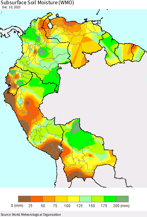 Northern South America Subsurface Soil Moisture (WMO) Thematic Map For 12/4/2023 - 12/10/2023