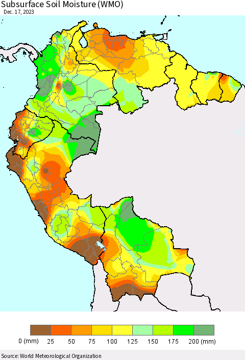 Northern South America Subsurface Soil Moisture (WMO) Thematic Map For 12/11/2023 - 12/17/2023