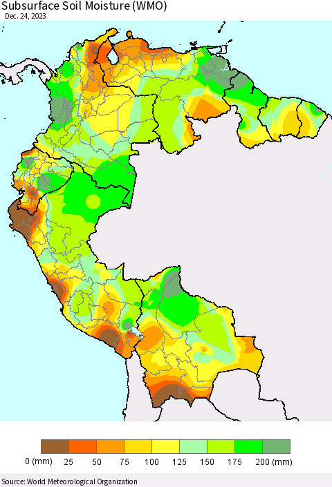 Northern South America Subsurface Soil Moisture (WMO) Thematic Map For 12/18/2023 - 12/24/2023