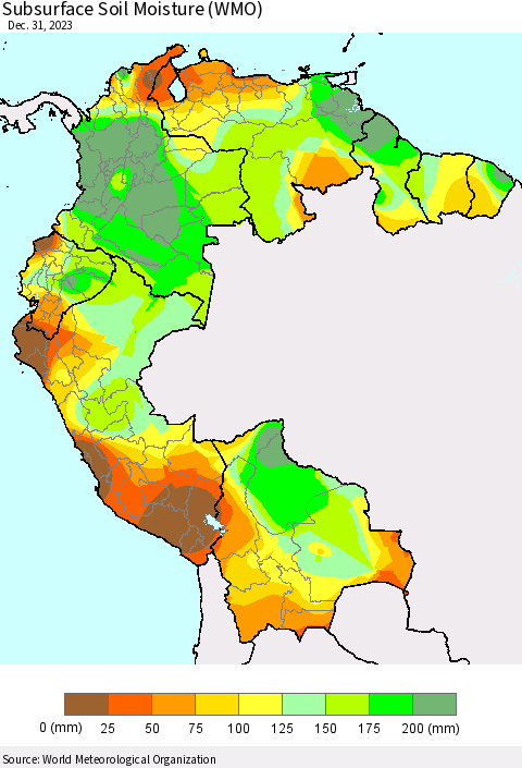 Northern South America Subsurface Soil Moisture (WMO) Thematic Map For 12/25/2023 - 12/31/2023