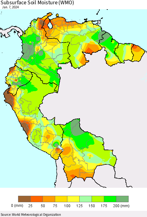 Northern South America Subsurface Soil Moisture (WMO) Thematic Map For 1/1/2024 - 1/7/2024