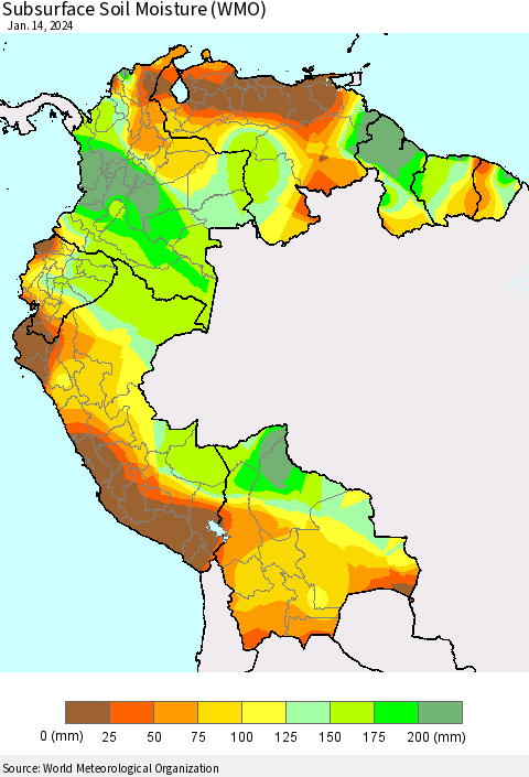 Northern South America Subsurface Soil Moisture (WMO) Thematic Map For 1/8/2024 - 1/14/2024