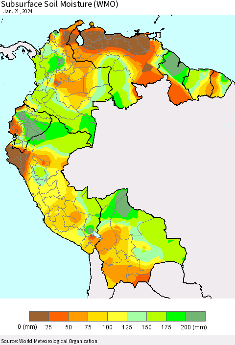 Northern South America Subsurface Soil Moisture (WMO) Thematic Map For 1/15/2024 - 1/21/2024