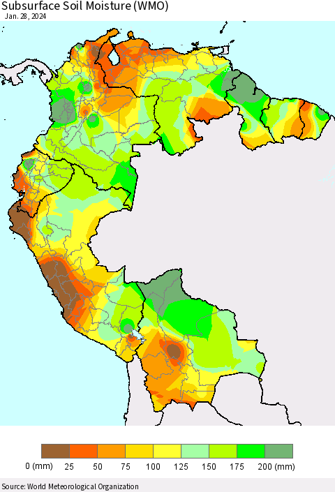 Northern South America Subsurface Soil Moisture (WMO) Thematic Map For 1/22/2024 - 1/28/2024