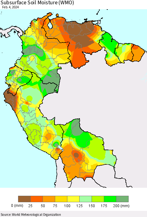 Northern South America Subsurface Soil Moisture (WMO) Thematic Map For 1/29/2024 - 2/4/2024