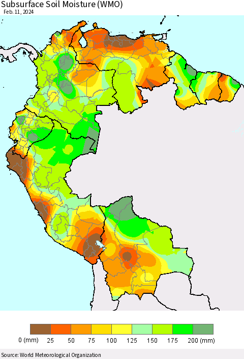 Northern South America Subsurface Soil Moisture (WMO) Thematic Map For 2/5/2024 - 2/11/2024
