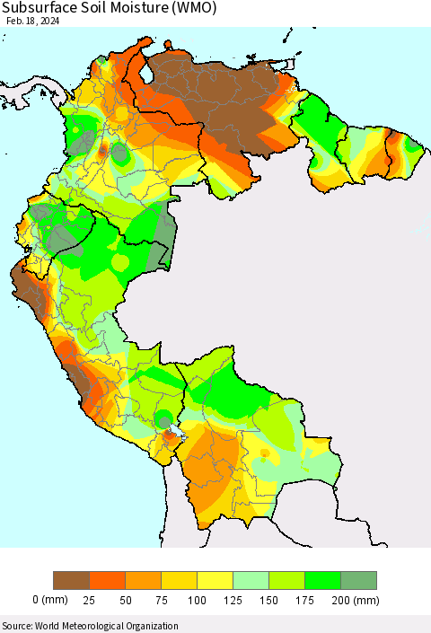 Northern South America Subsurface Soil Moisture (WMO) Thematic Map For 2/12/2024 - 2/18/2024