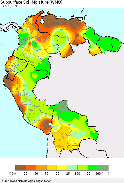 Northern South America Subsurface Soil Moisture (WMO) Thematic Map For 2/19/2024 - 2/25/2024