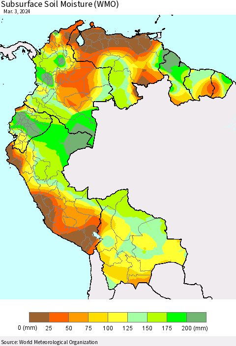 Northern South America Subsurface Soil Moisture (WMO) Thematic Map For 2/26/2024 - 3/3/2024