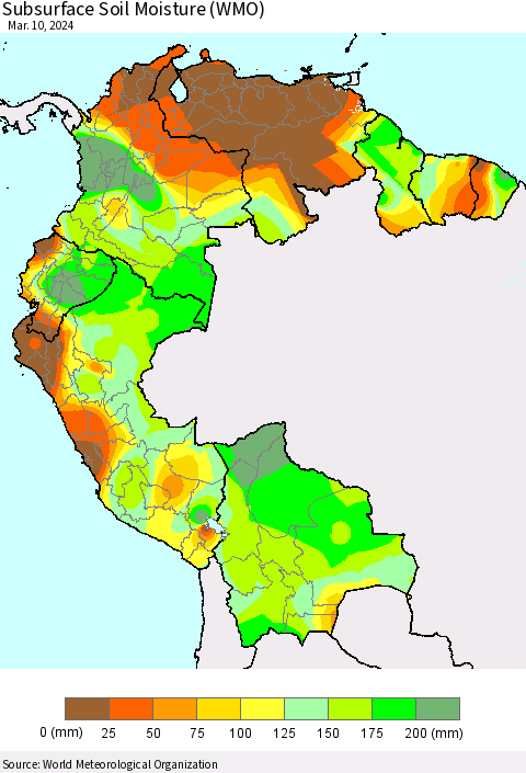 Northern South America Subsurface Soil Moisture (WMO) Thematic Map For 3/4/2024 - 3/10/2024