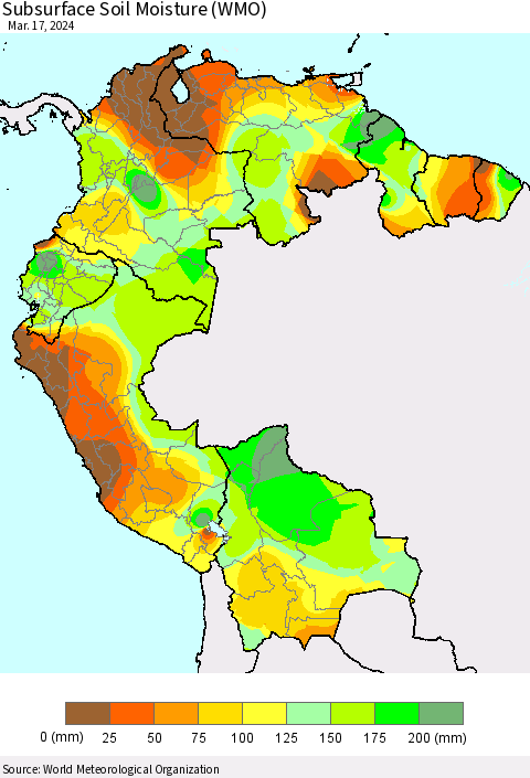 Northern South America Subsurface Soil Moisture (WMO) Thematic Map For 3/11/2024 - 3/17/2024